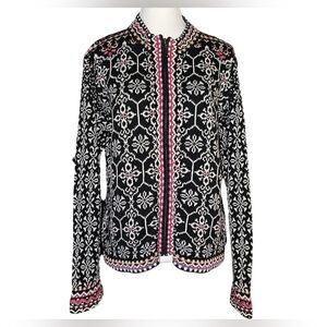 Icelandic Design Nordic Zip Cardigan Sweater Black Pink White Ramie Cotton Sz M